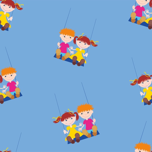 Seamless background of cartoon cheerful children riding on swing