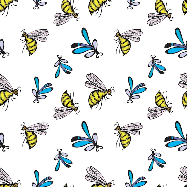 Seamless background cartoon flying bees and dragonflies