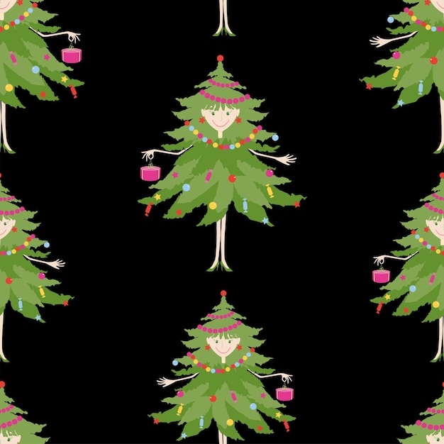 Seamless background of cheerful christmas trees