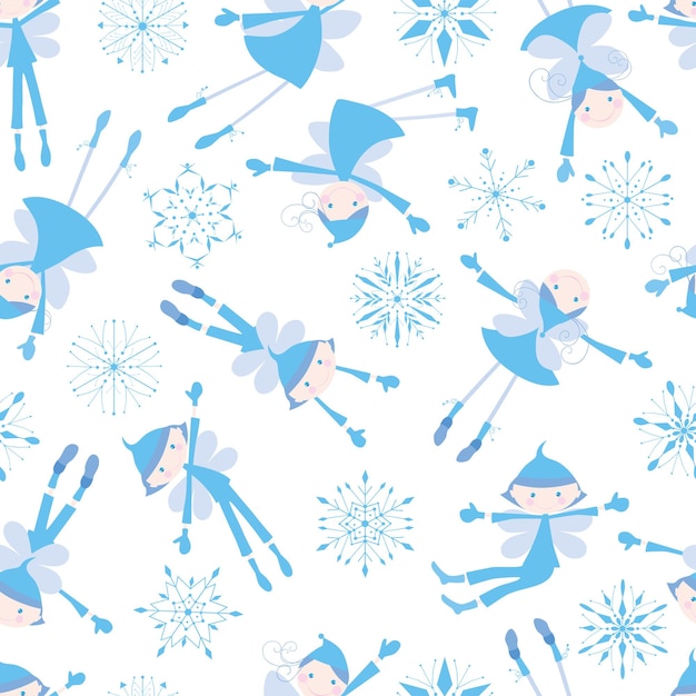 Seamless background of christmas elves with snowflakes