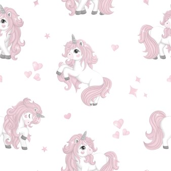 Unicorno rosa carino sfondo senza soluzione di continuità, in stile acquerello. illustrazione vettoriale per bambini, eps10. stampa per piatti, tessuti, vestiti, biglietti di auguri.