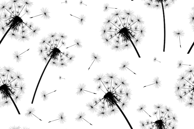 Vector seamless background dandelion fluff flies away from the wind