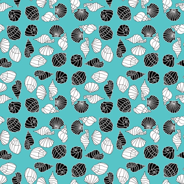 Vector seamless background of decorative drawn black and white sea shells