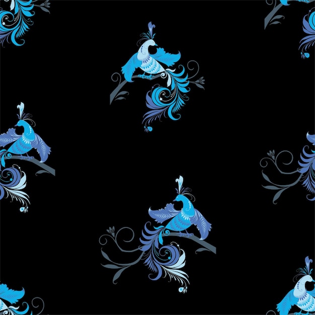 Бесшовный фон из декоративных фантазийных синих птиц на ветвях