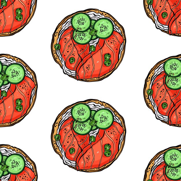 Seamless background of delicious breakfast toasts with fish and other ingredients. hand drawn illustration