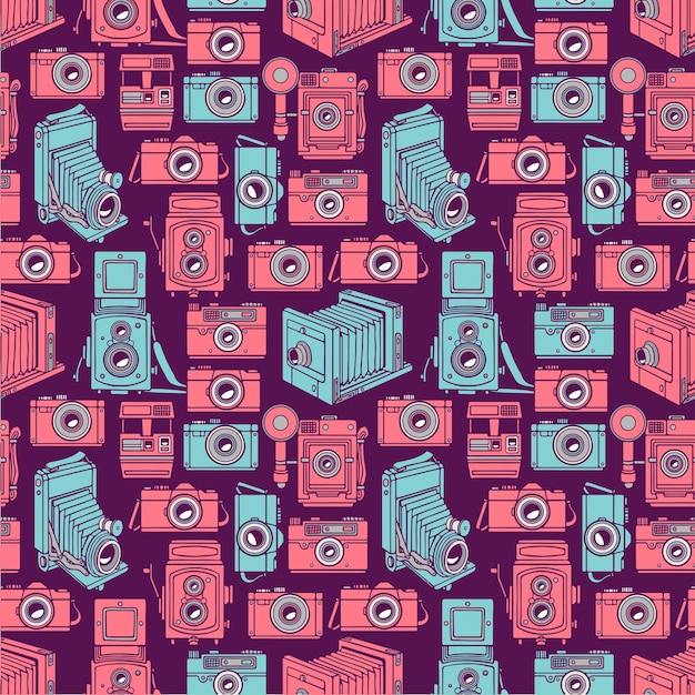 Seamless background of different vintage blue and pink cameras on purple background. hand-drawn illustration