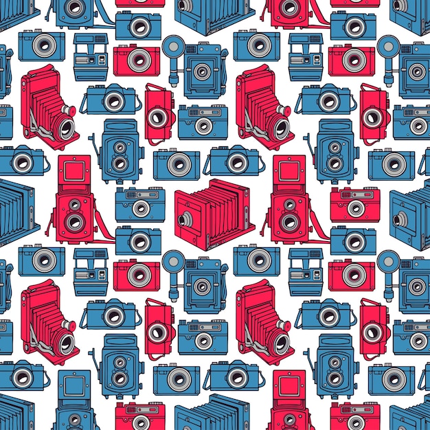 Seamless background of different vintage blue and pink cameras on white background. hand-drawn illustration