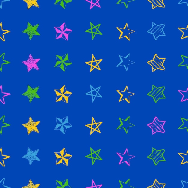 Fondo senza cuciture delle stelle di scarabocchio. stelle disegnate a mano multicolori su sfondo blu. illustrazione vettoriale