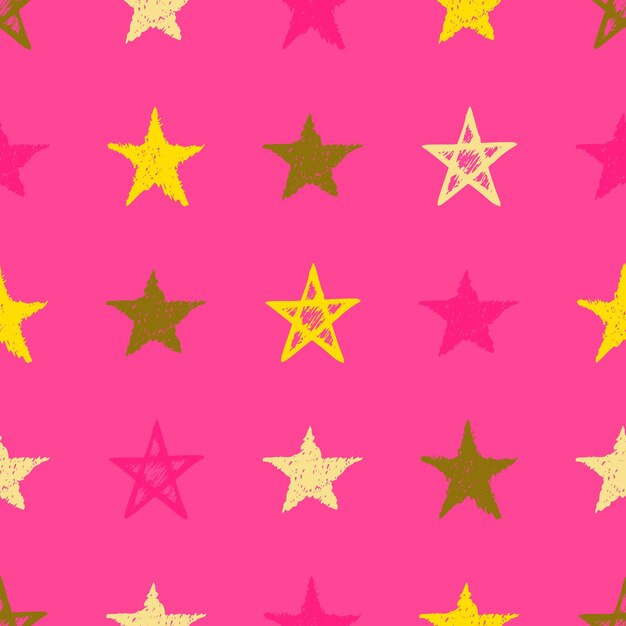 Seamless background of doodle stars Multicolor hand drawn stars on pink background Vector illustration