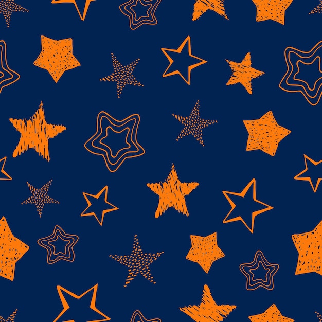 Seamless background of doodle stars. orange hand drawn stars on blue background. vector illustration