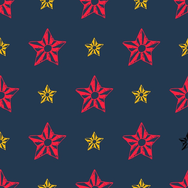 Seamless background of doodle stars Red and yellow hand drawn stars on dark background Vector illustration