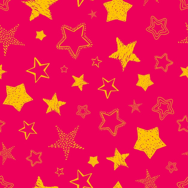 Seamless background of doodle stars. Yellow hand drawn stars on red background. Vector illustration