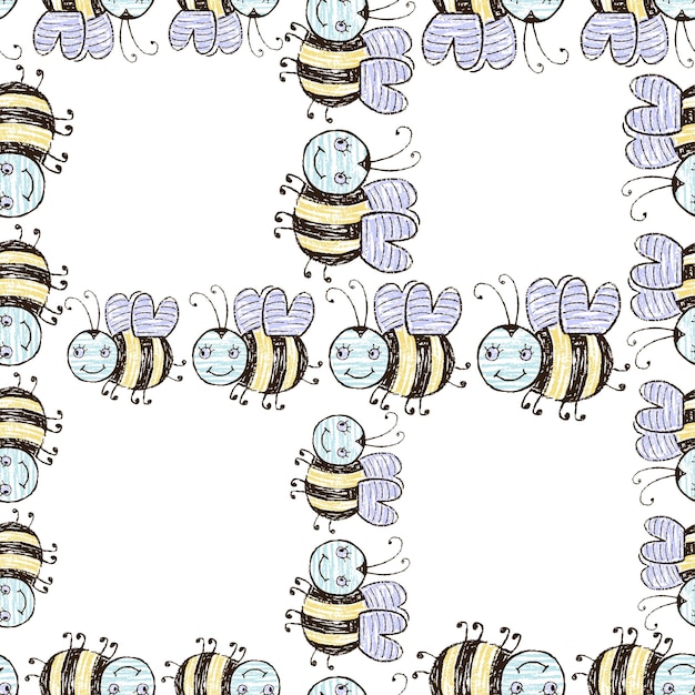 Vector seamless background of drawn cartoon flying cheerful bees