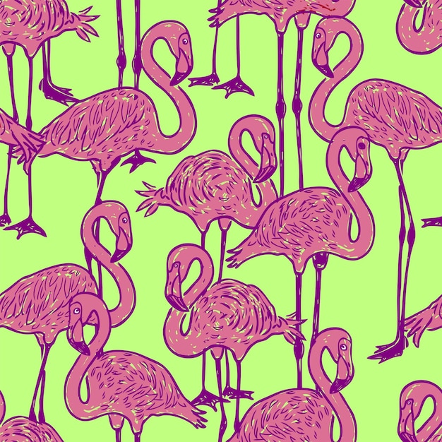 Seamless background of drawn cartoon pink flamingos