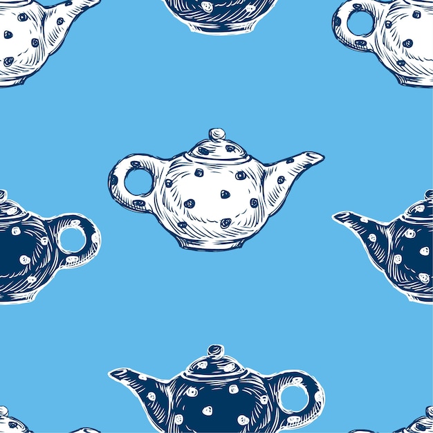 Vector seamless background of drawn tea pots