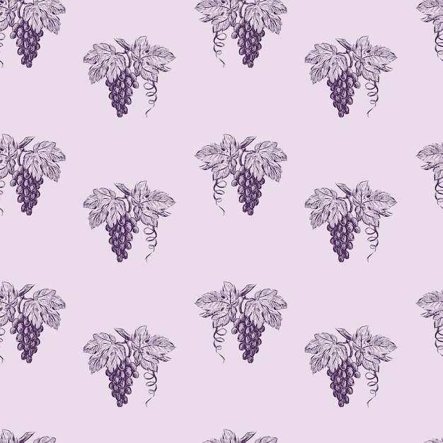 Seamless background of drawn vine with ripe grape bunches and leaves