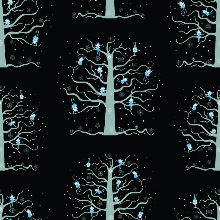 Vector seamless background of fairytale tree with playful elves