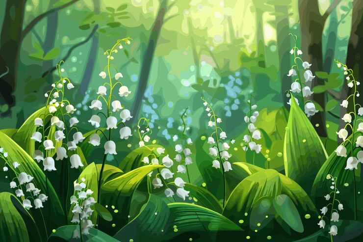 Vector seamless background from bunch of blossoming lilies of the valley flowers and leaves