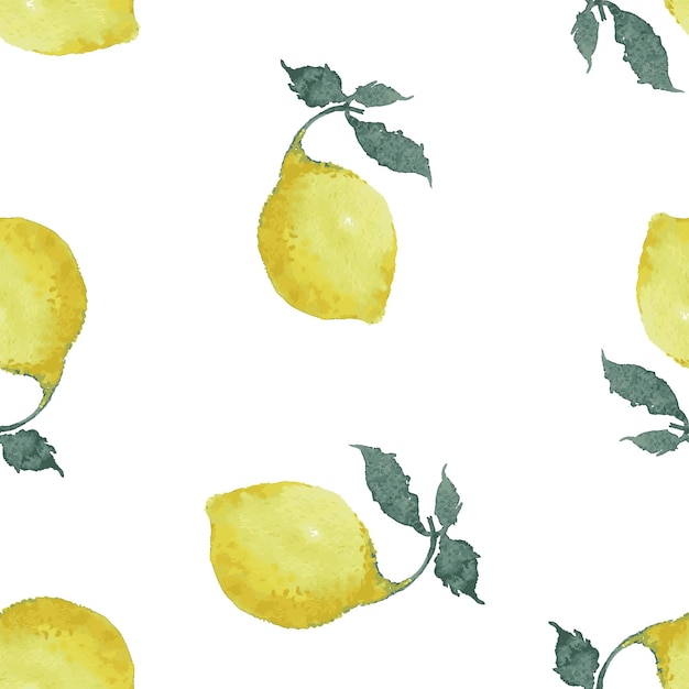 Seamless background from watercolor drawings of yellow ripe lemon with green leaves