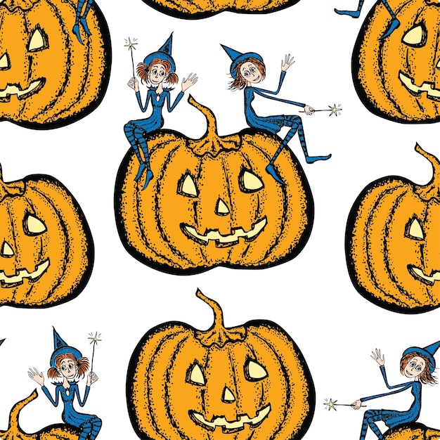 Seamless background of the halloween pumpkins and joyful witches