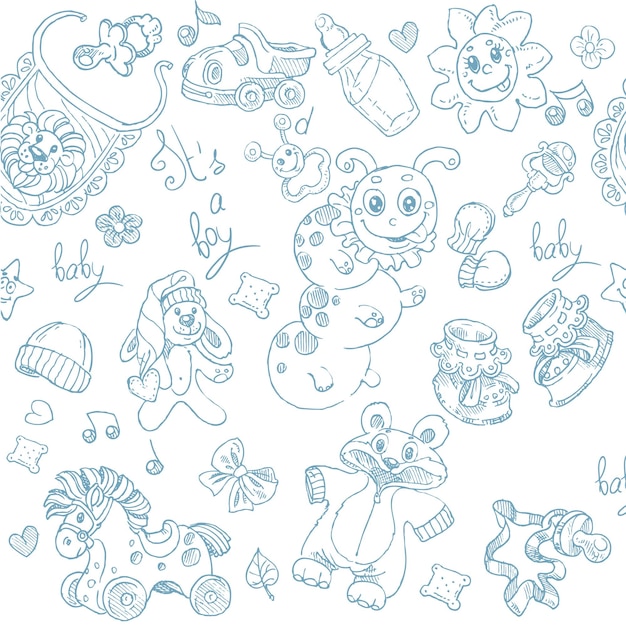 Seamless background its a boy with toys clothing and accessories doodle