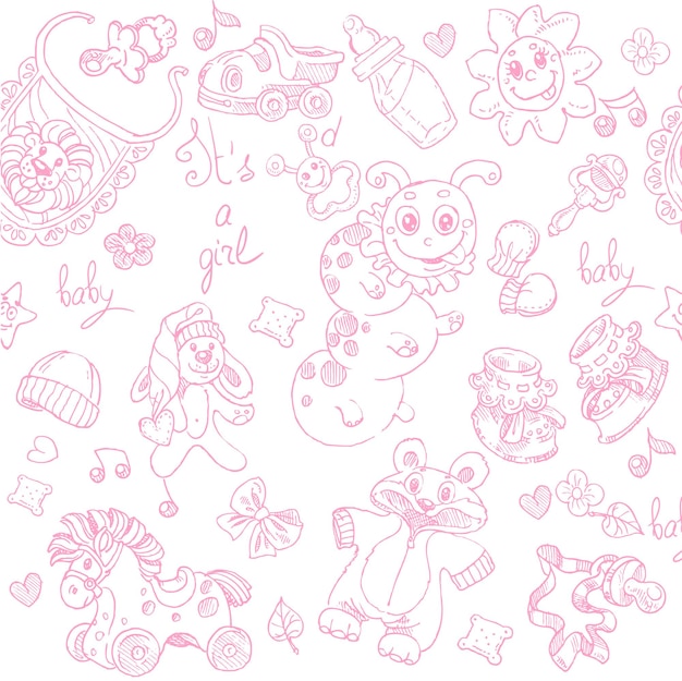 Seamless background its a girl with toys clothing and accessories doodle