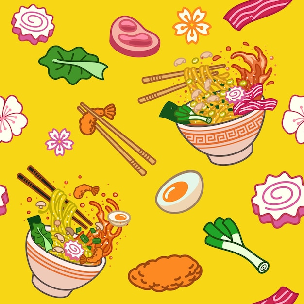 Vettore fondo senza cuciture dell'illustrazione di vettore del ramen giapponese