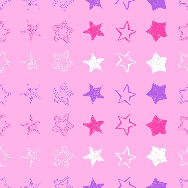 落書き星のシームレスな背景。ピンクの背景にカラフルな手描きの星。ベクトルイラスト