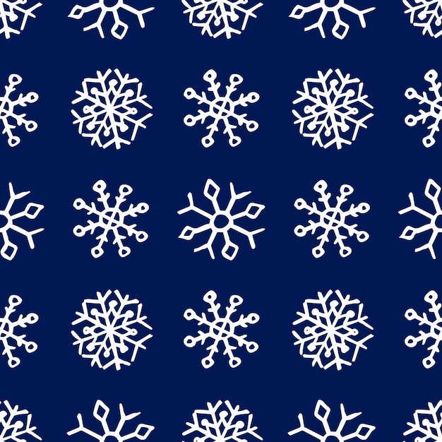手描きの雪片のシームレスな背景。青い背景に白い雪。クリスマスと新年の装飾要素。ベクトルイラスト。