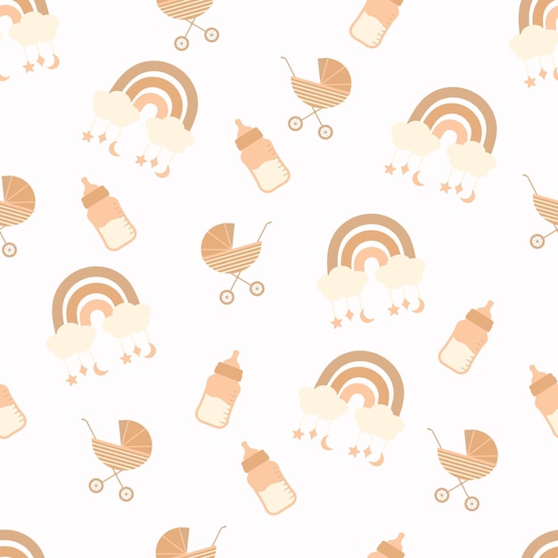 벡터 원활한 배경 주황색 베이비 샤워 패턴 유모차 우유병과 레인보가 있는 귀여운 프린트