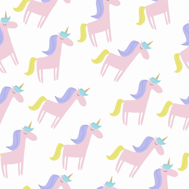 A seamless background pattern of unicorns with a pink unicorn on the top