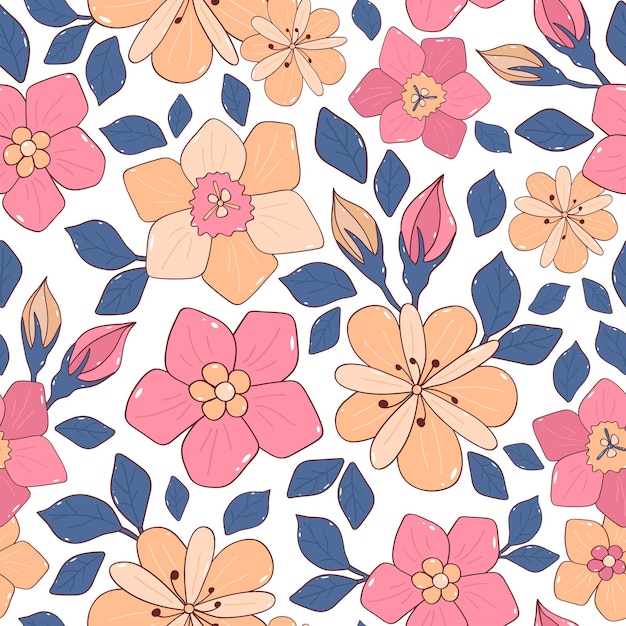 Seamless background. Pattern with red and orange flowers and blue leaves on white background, illustration.