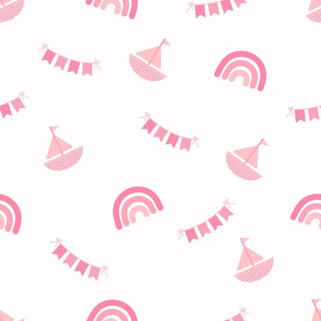 벡터 원활한 배경 핑크 베이비 샤워 패턴 보트 무지개와 삼각 깃발이 있는 귀여운 프린트
