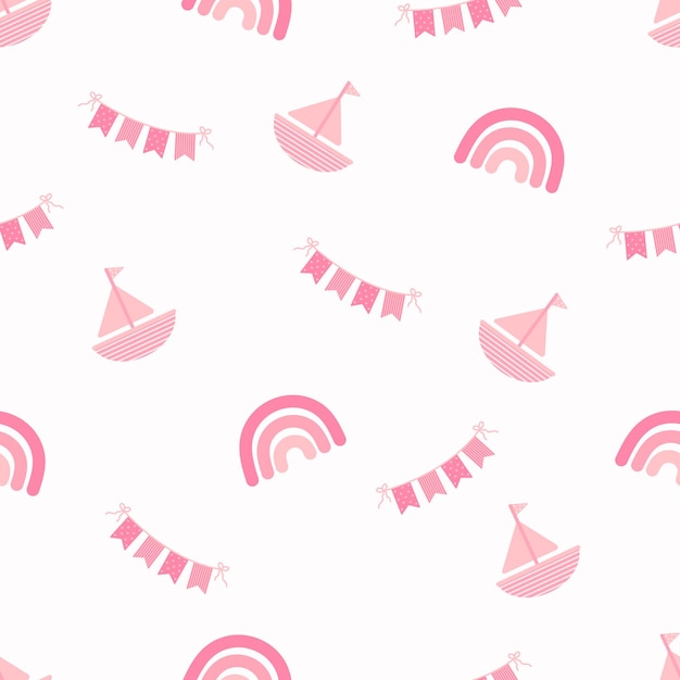 원활한 배경 핑크 베이비 샤워 패턴 보트 무지개와 삼각 깃발이 있는 귀여운 프린트