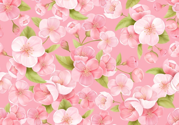 Seamless background of pink sakura blossom or japanese flowering cherry. spring flowers, leaves pattern for wedding backdrop, textile, fabric, exotic texture