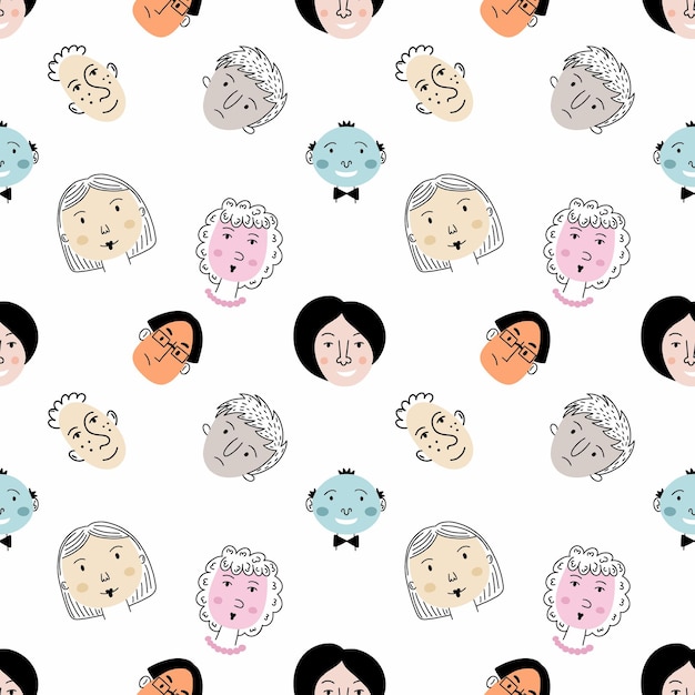 Бесшовный фон для печати на ткани и упаковочной бумаге Doodle set face с разными эмоциями