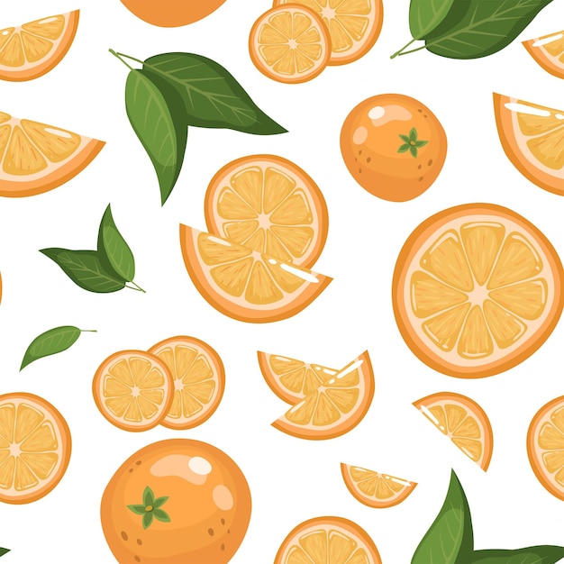 Vector seamless background of ripe oranges on a white background. whole fruits, halves, slices and rings. vector pattern in a cartoon simple flat style.