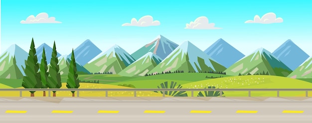 Vector seamless background road over with fields flowers grass and mountains panorama of green landscape