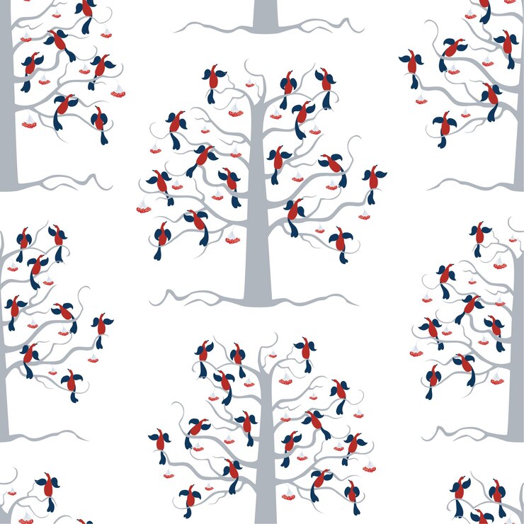 Vector seamless background of rowan trees with birds