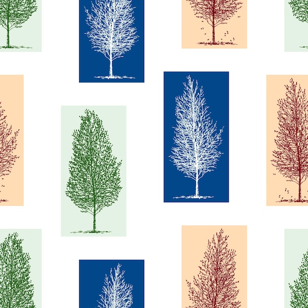 Seamless background of silhouettes of birch trees in different seasons