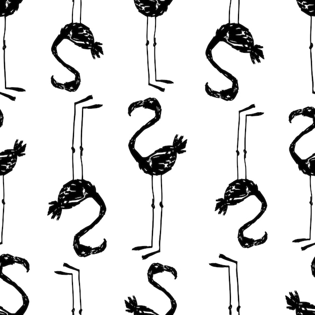 Seamless background of silhouettes of drawn flamingos