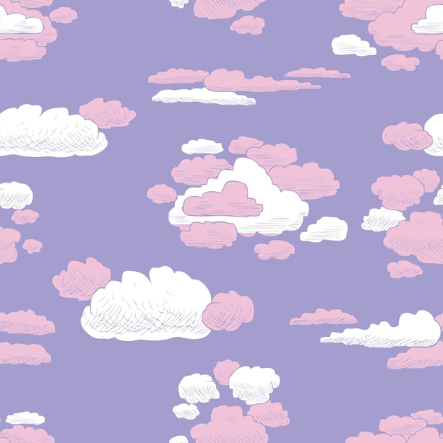 薄紫色の夕方の空のシルエットの白とピンクの雲のシームレスな背景