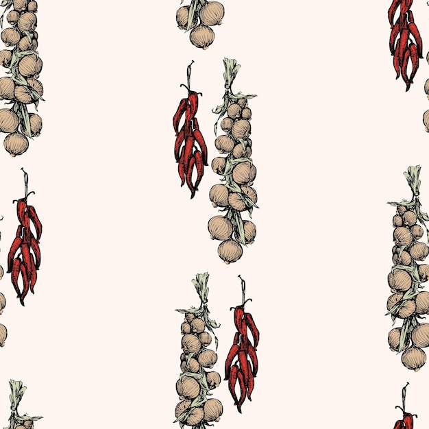 Vector seamless background of sketches of bundles ripe red pepper and onion