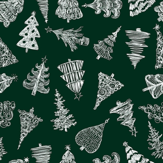 Seamless background of sketches of different christmas trees