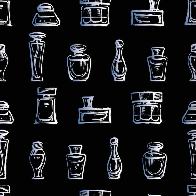 Vector seamless background of sketches different perfumes bottles