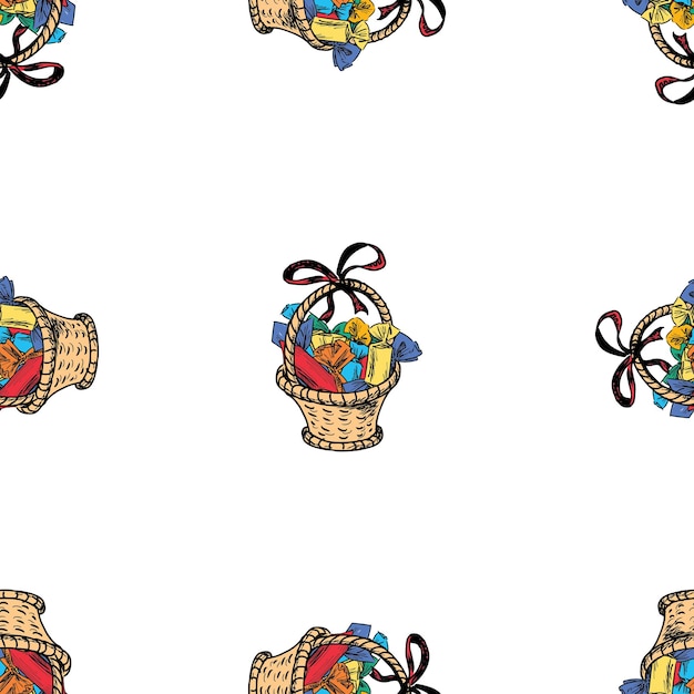 Vector seamless background of sketches gift baskets with various colorful candies