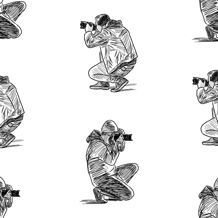 Vector seamless background of sketches photographers at work