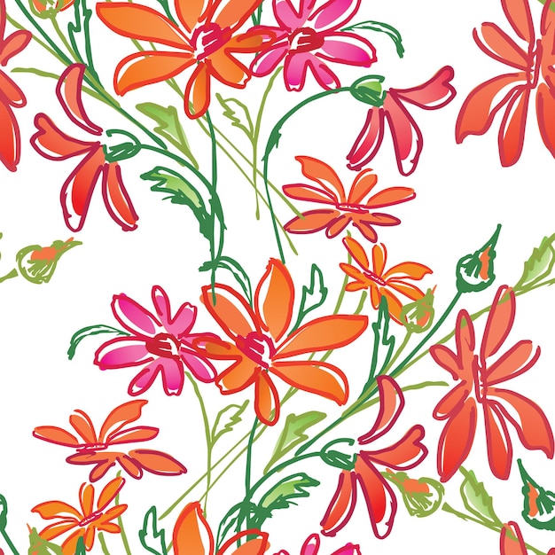 Seamless background of sketches of red daisies
