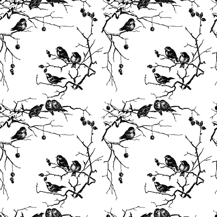 Vector seamless background of sketches sparrows sitting on tree branches in winter season