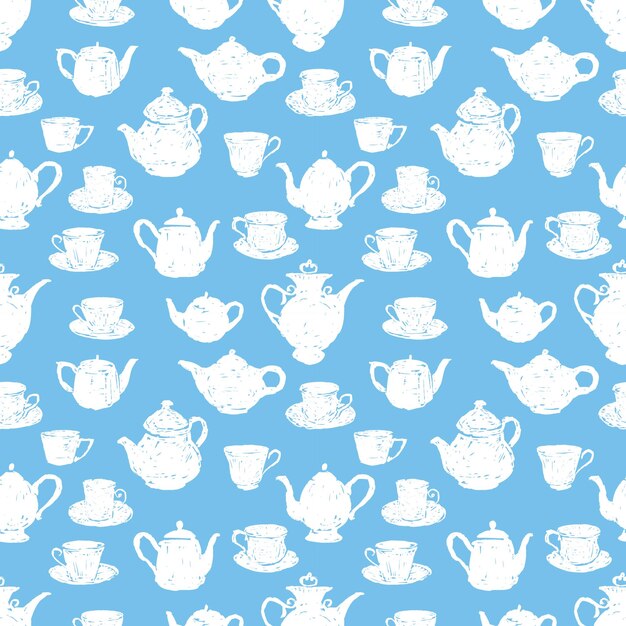 Seamless background of sketches tea cups and teapots